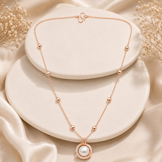 Rose Gold Round Shape AD Pendant with White Pearl for Women/Girls