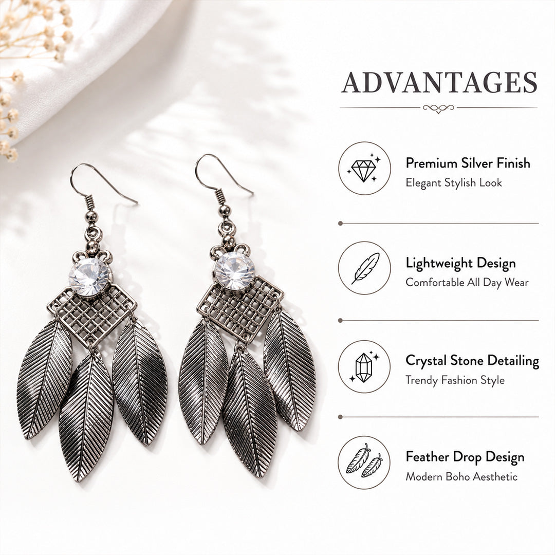 Three Feather Elegant AD Traditional Oxidized Silver Jhumka for Women & Girls