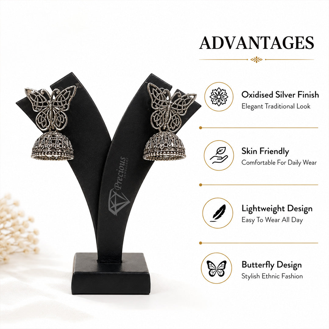 Detailed Butterfly Elegant Oxidized Silver Jhumka | Earring for Women & Girl