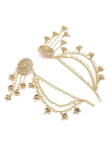 Creative Traditional Indian Fashion Gold Plated Multi Layer Pearls Ear Chain with Jhumka/Jhumki Earring Jewellery for Women & Girls