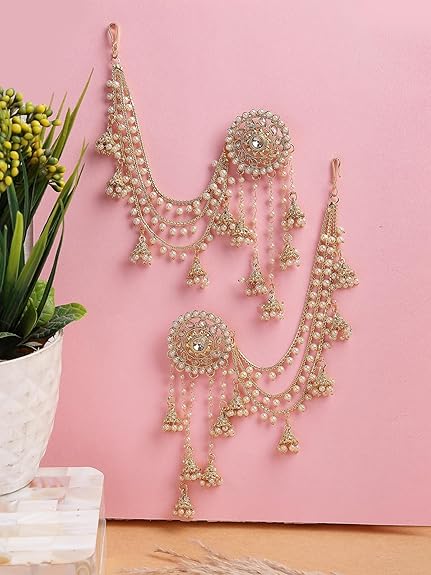 Creative Traditional Indian Fashion Gold Plated Multi Layer Pearls Ear Chain with Jhumka/Jhumki Earring Jewellery for Women & Girls