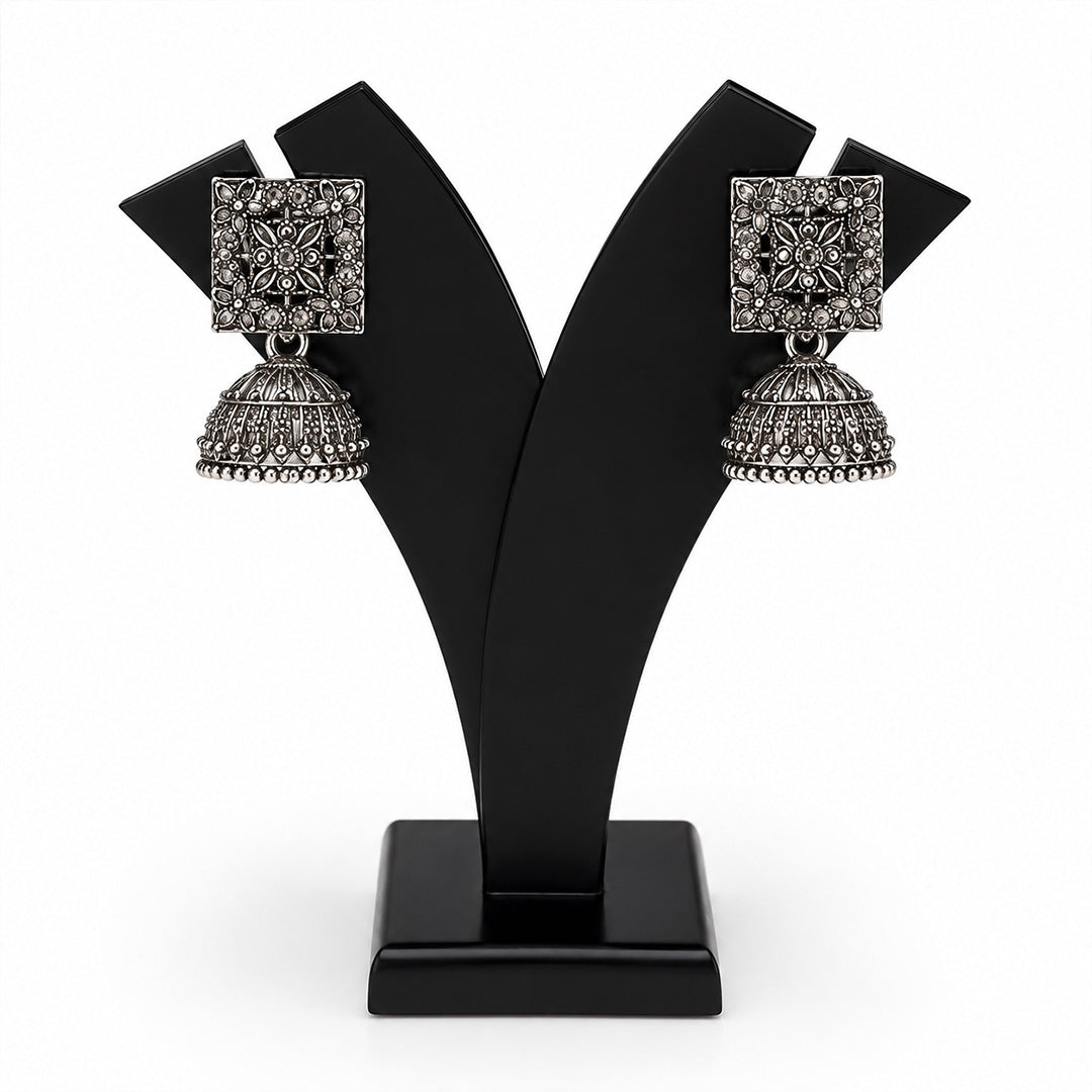 Square Detailed Elegant Traditional Oxidized Silver Jhumka | Earring for Women & Girl