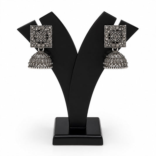 Square Detailed Elegant Traditional Oxidized Silver Jhumka | Earring for Women & Girl