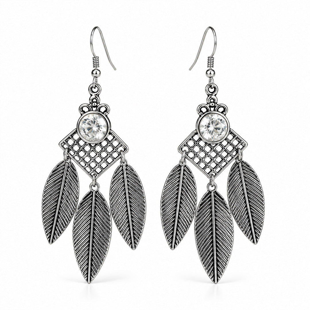 Three Feather Elegant AD Traditional Oxidized Silver Jhumka for Women & Girls