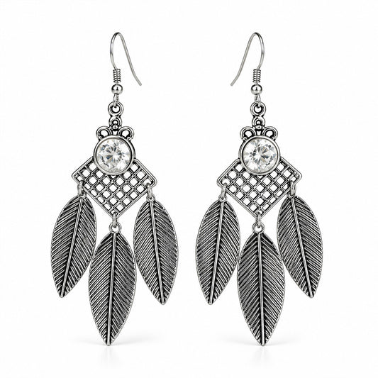 Three Feather Elegant AD Traditional Oxidized Silver Jhumka for Women & Girls
