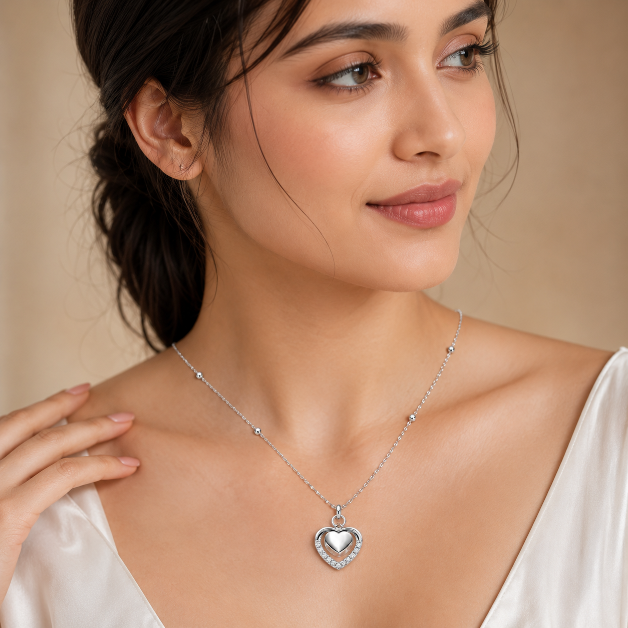 Silver Double Heart AD Pendant for Women/Girls