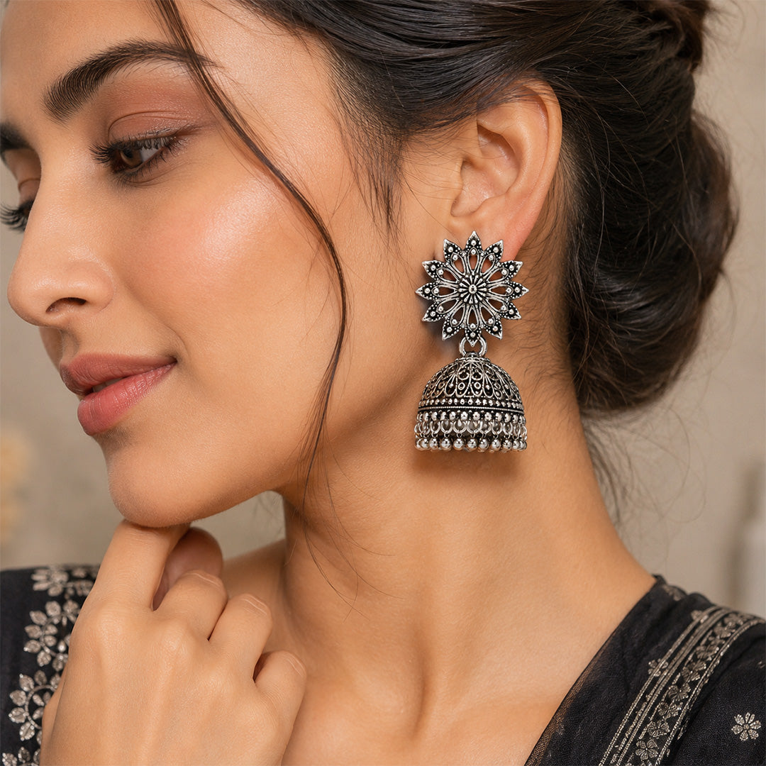 Sun Detailed Elegant Traditional Oxidized Silver Jhumka | Earring for Women & Girl