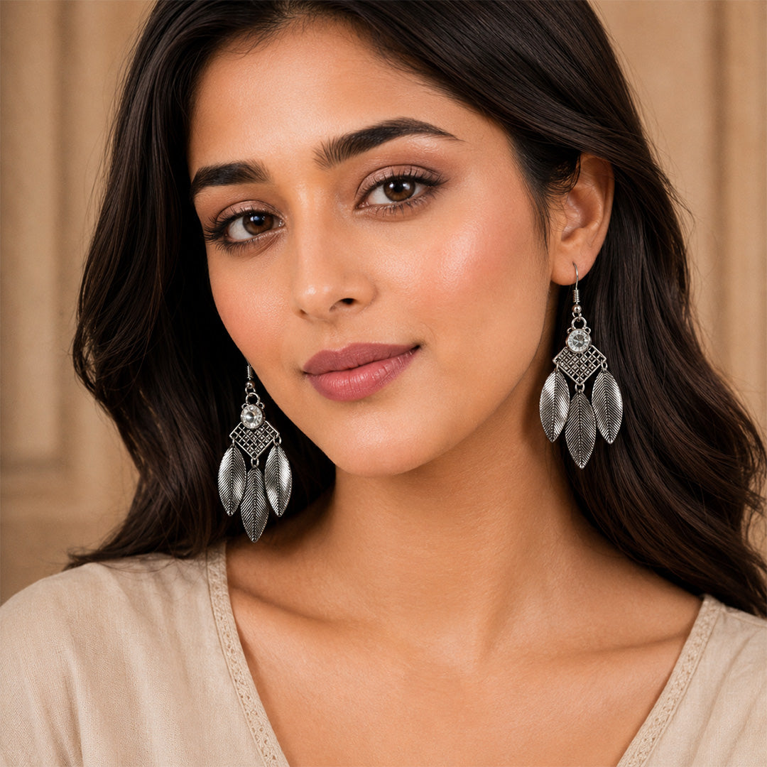 Three Feather Elegant AD Traditional Oxidized Silver Jhumka for Women & Girls