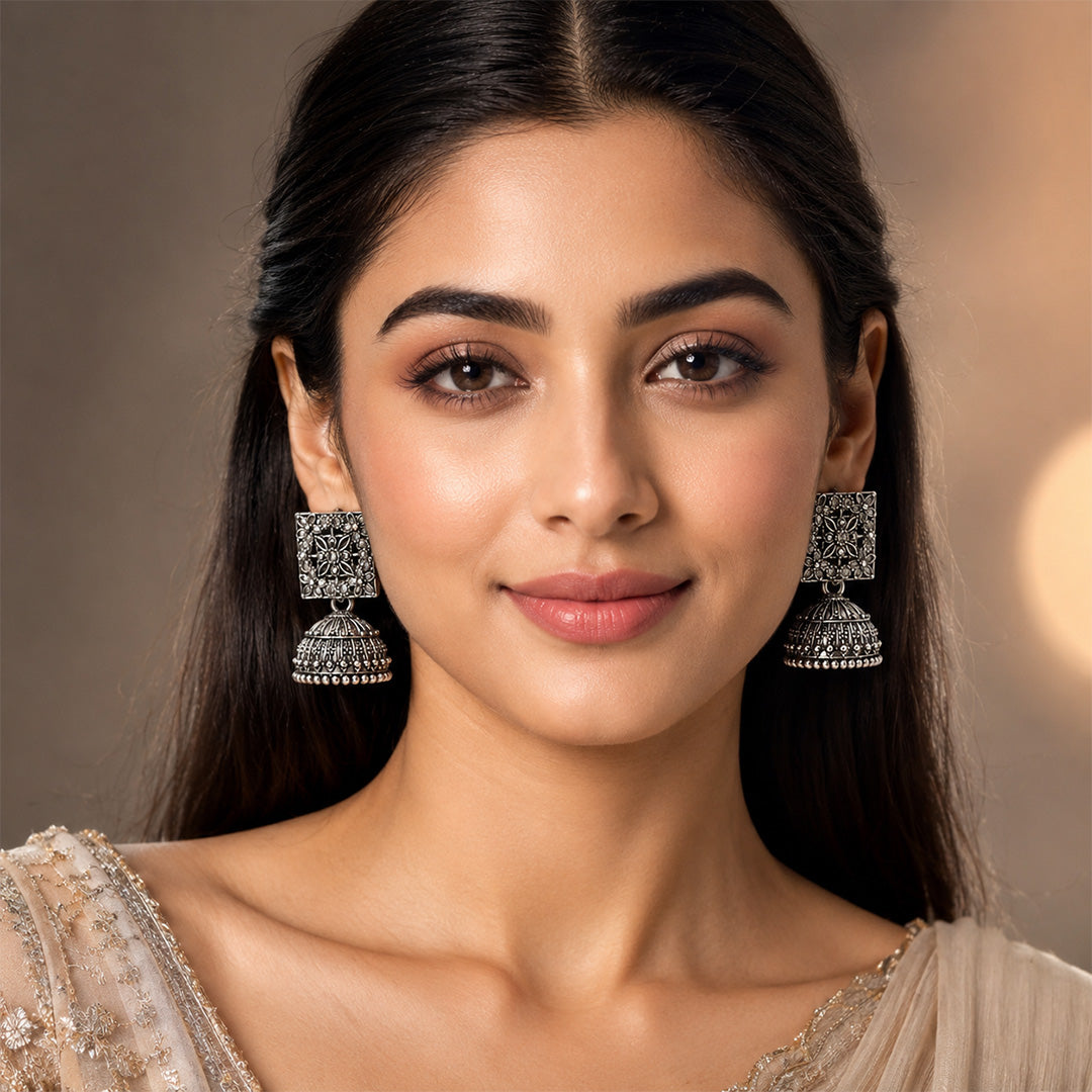 Square Detailed Elegant Traditional Oxidized Silver Jhumka | Earring for Women & Girl