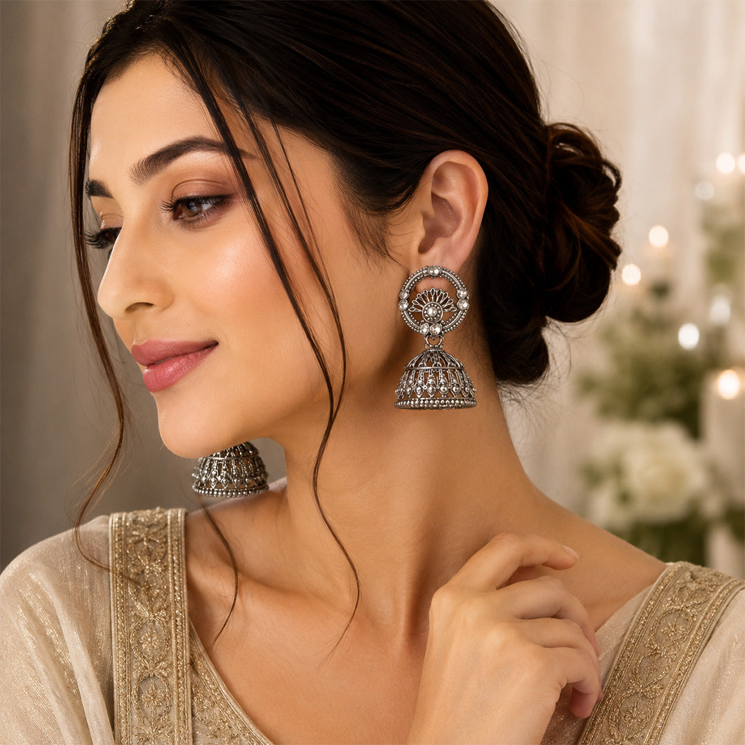 Round Detailed Elegant Oxidized Silver Jhumka | Earring for Women & Girl