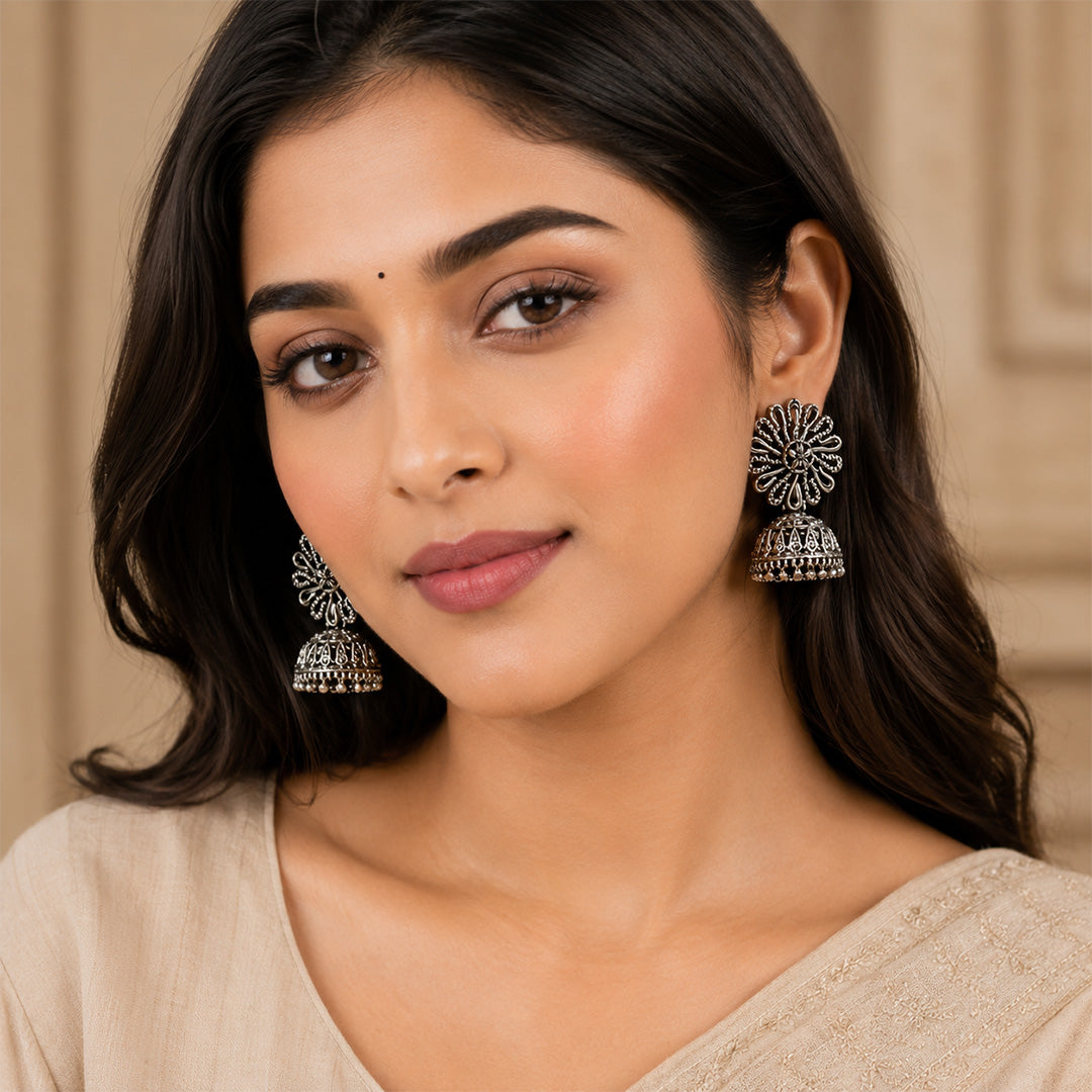 Floral Elegant Oxidized Silver Jhumka | Earring for Women & Girl