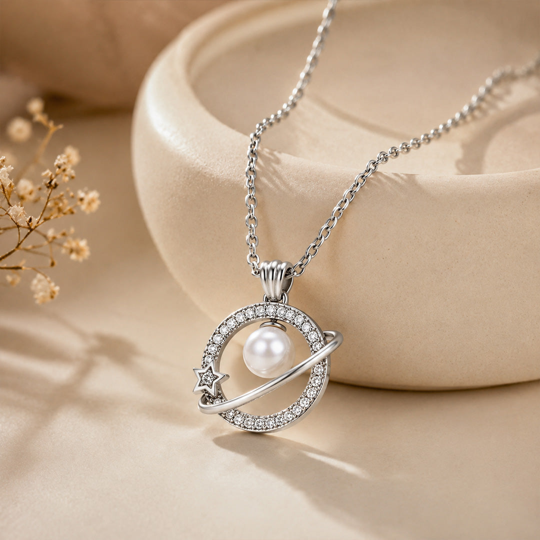 Silver Round Shape AD Pendant White Pearl for Women/Girls