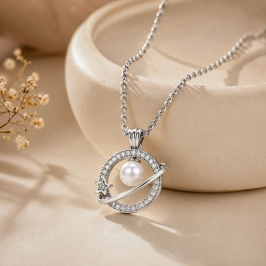Silver Round Shape AD Pendant White Pearl for Women/Girls