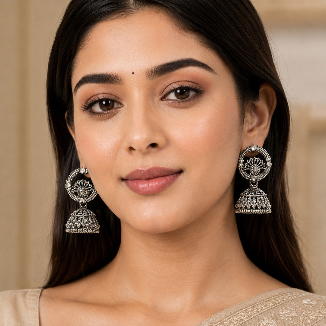 Round Detailed Elegant Oxidized Silver Jhumka | Earring for Women & Girl