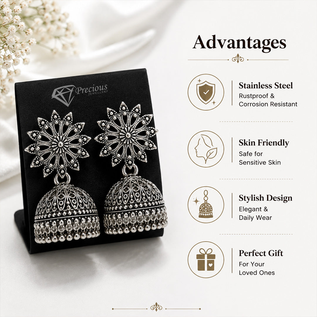Sun Detailed Elegant Traditional Oxidized Silver Jhumka | Earring for Women & Girl