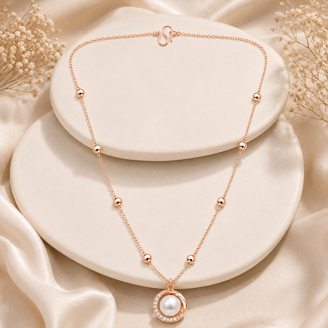 Rose Gold Round Shape AD Pendant with White Pearl for Women/Girls