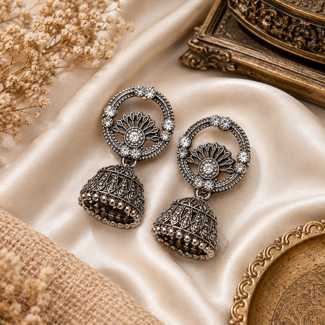 Round Detailed Elegant Oxidized Silver Jhumka | Earring for Women & Girl