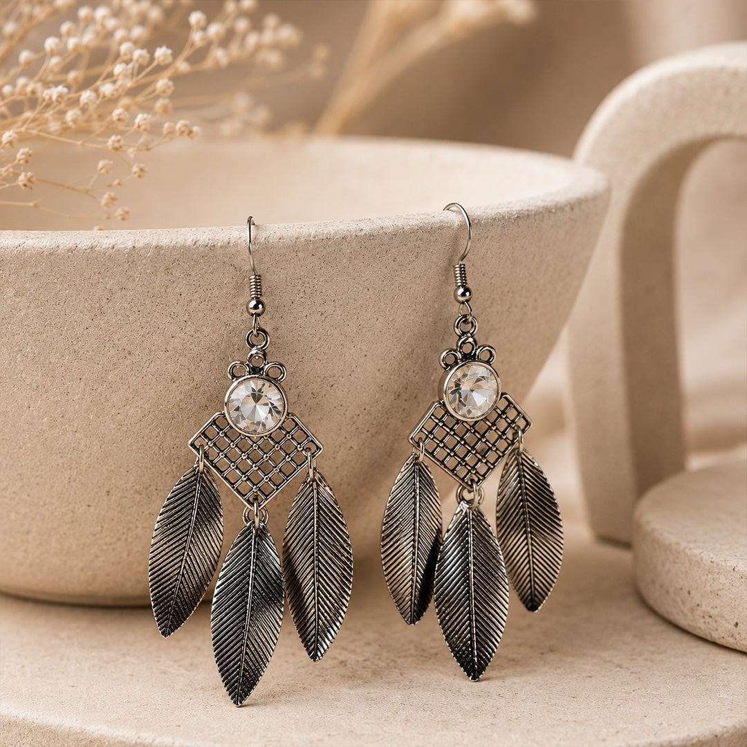 Three Feather Elegant AD Traditional Oxidized Silver Jhumka for Women & Girls