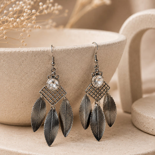 Three Feather Elegant AD Traditional Oxidized Silver Jhumka for Women & Girls