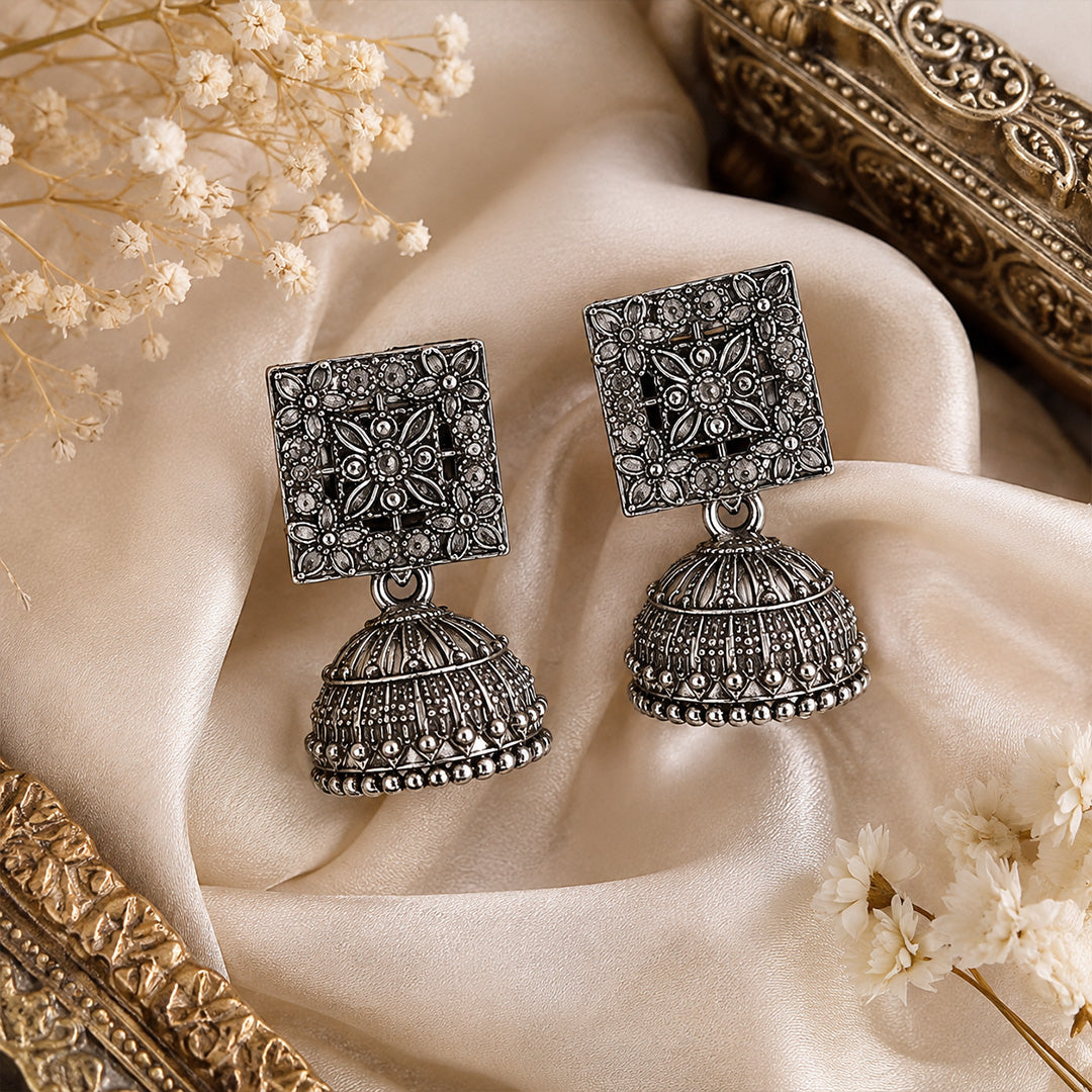Square Detailed Elegant Traditional Oxidized Silver Jhumka | Earring for Women & Girl