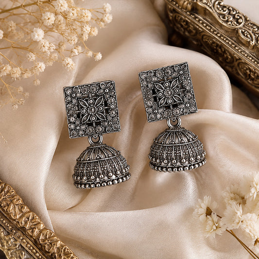 Square Detailed Elegant Traditional Oxidized Silver Jhumka | Earring for Women & Girl