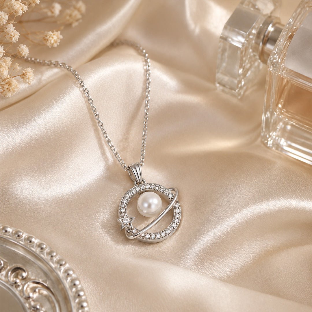 Silver Round Shape AD Pendant White Pearl for Women/Girls