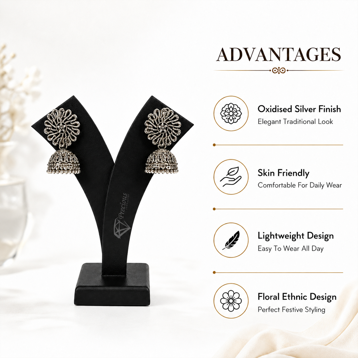 Floral Elegant Oxidized Silver Jhumka | Earring for Women & Girl