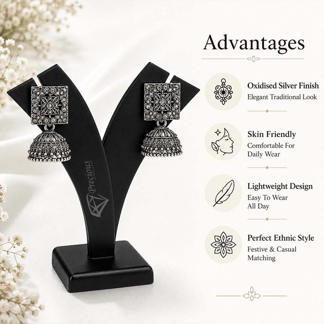 Square Detailed Elegant Traditional Oxidized Silver Jhumka | Earring for Women & Girl