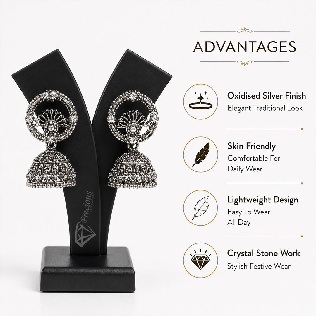 Round Detailed Elegant Oxidized Silver Jhumka | Earring for Women & Girl