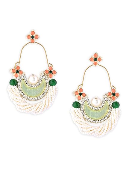 Zaveri Pearls Green & Peach Dazzling Stones Cresent Ethnic Dangle Earring For Women