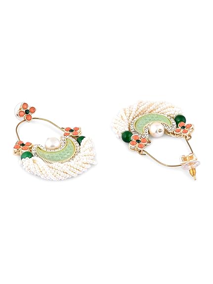 Zaveri Pearls Green & Peach Dazzling Stones Cresent Ethnic Dangle Earring For Women