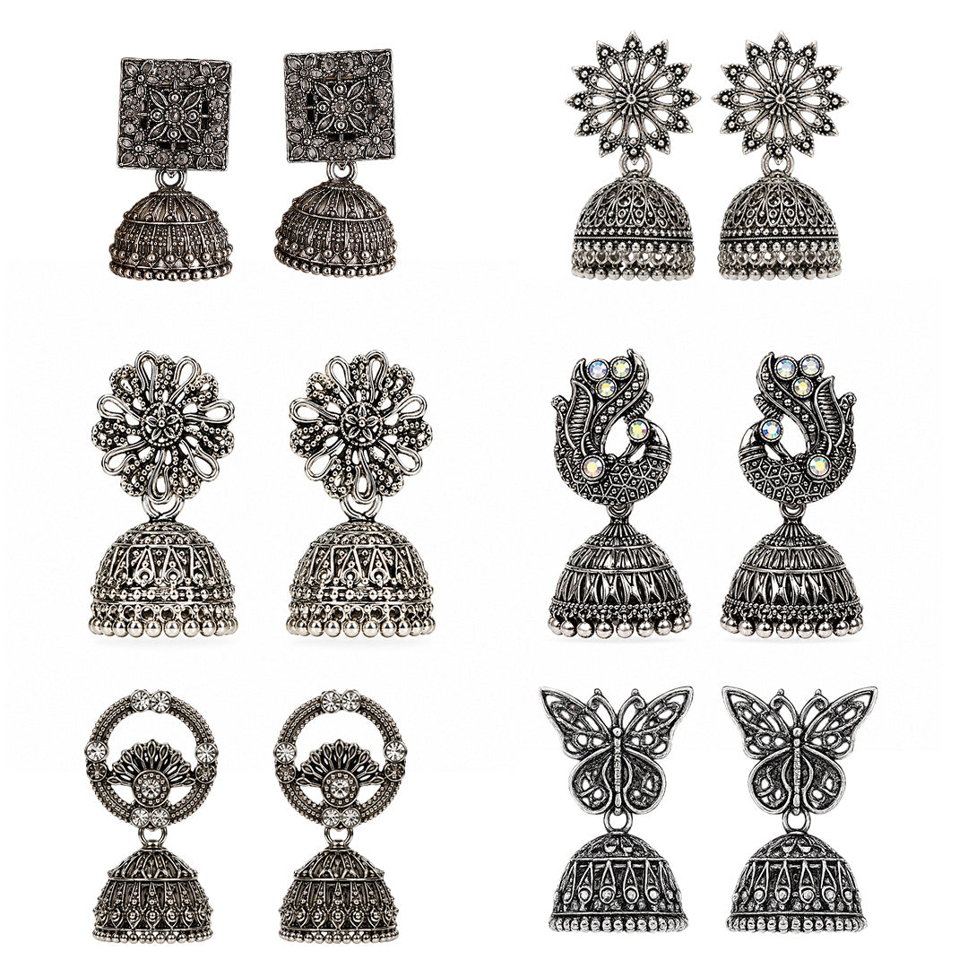 Oxidised Silver Earrings Combo Set for Women | Latest Jhumka, Floral & Designer Earrings Pack (Set of 6)