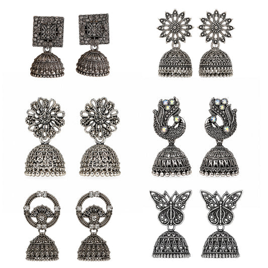 Oxidised Silver Earrings Combo Set for Women | Latest Jhumka, Floral & Designer Earrings Pack (Set of 6)