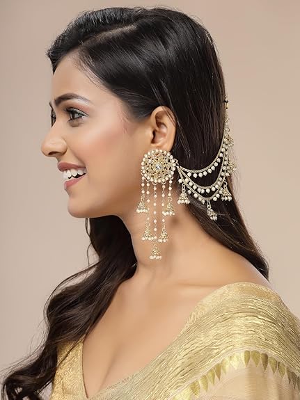 Creative Traditional Indian Fashion Gold Plated Multi Layer Pearls Ear Chain with Jhumka/Jhumki Earring Jewellery for Women & Girls