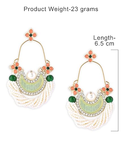 Zaveri Pearls Green & Peach Dazzling Stones Cresent Ethnic Dangle Earring For Women