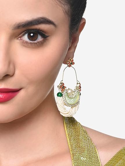 Zaveri Pearls Green & Peach Dazzling Stones Cresent Ethnic Dangle Earring For Women