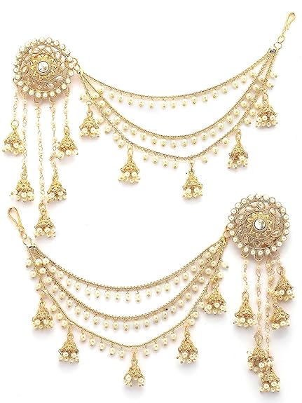 Creative Traditional Indian Fashion Gold Plated Multi Layer Pearls Ear Chain with Jhumka/Jhumki Earring Jewellery for Women & Girls