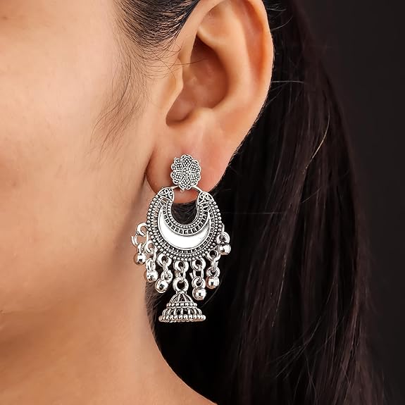 Traditional Oxidised Silver Jhumka Earrings for women | girls fashion jhumka meenakari oxidised kundans flower