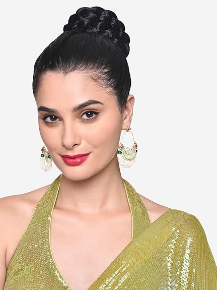 Zaveri Pearls Green & Peach Dazzling Stones Cresent Ethnic Dangle Earring For Women