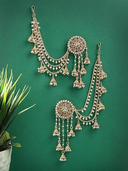Creative Traditional Indian Fashion Gold Plated Multi Layer Pearls Ear Chain with Jhumka/Jhumki Earring Jewellery for Women & Girls