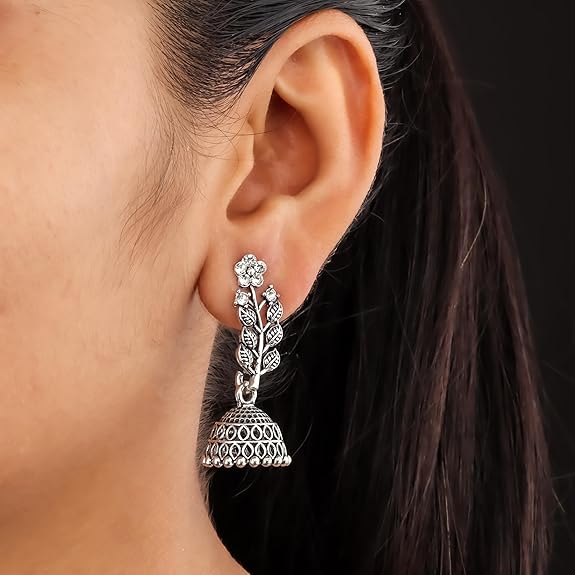 Traditional Oxidised Silver Jhumka Earrings for women | girls fashion jhumka meenakari oxidised kundans flower