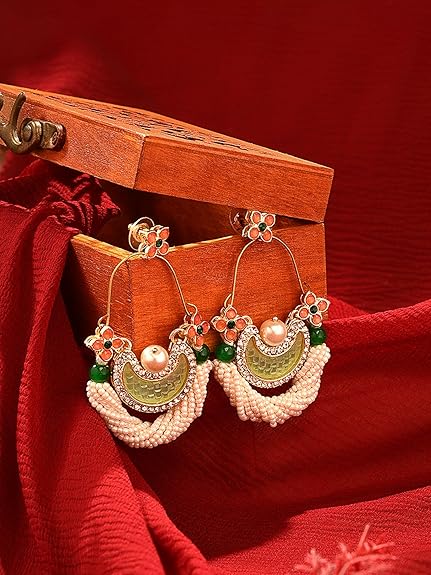 Zaveri Pearls Green & Peach Dazzling Stones Cresent Ethnic Dangle Earring For Women