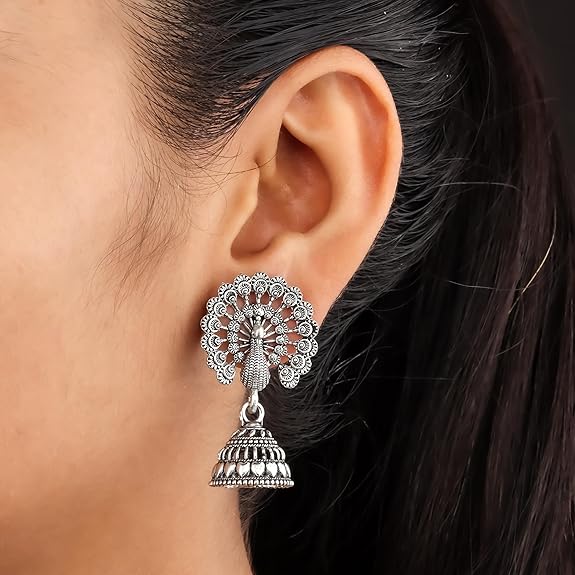 Traditional Oxidised Silver Jhumka Earrings for women | girls fashion jhumka meenakari oxidised kundans flower